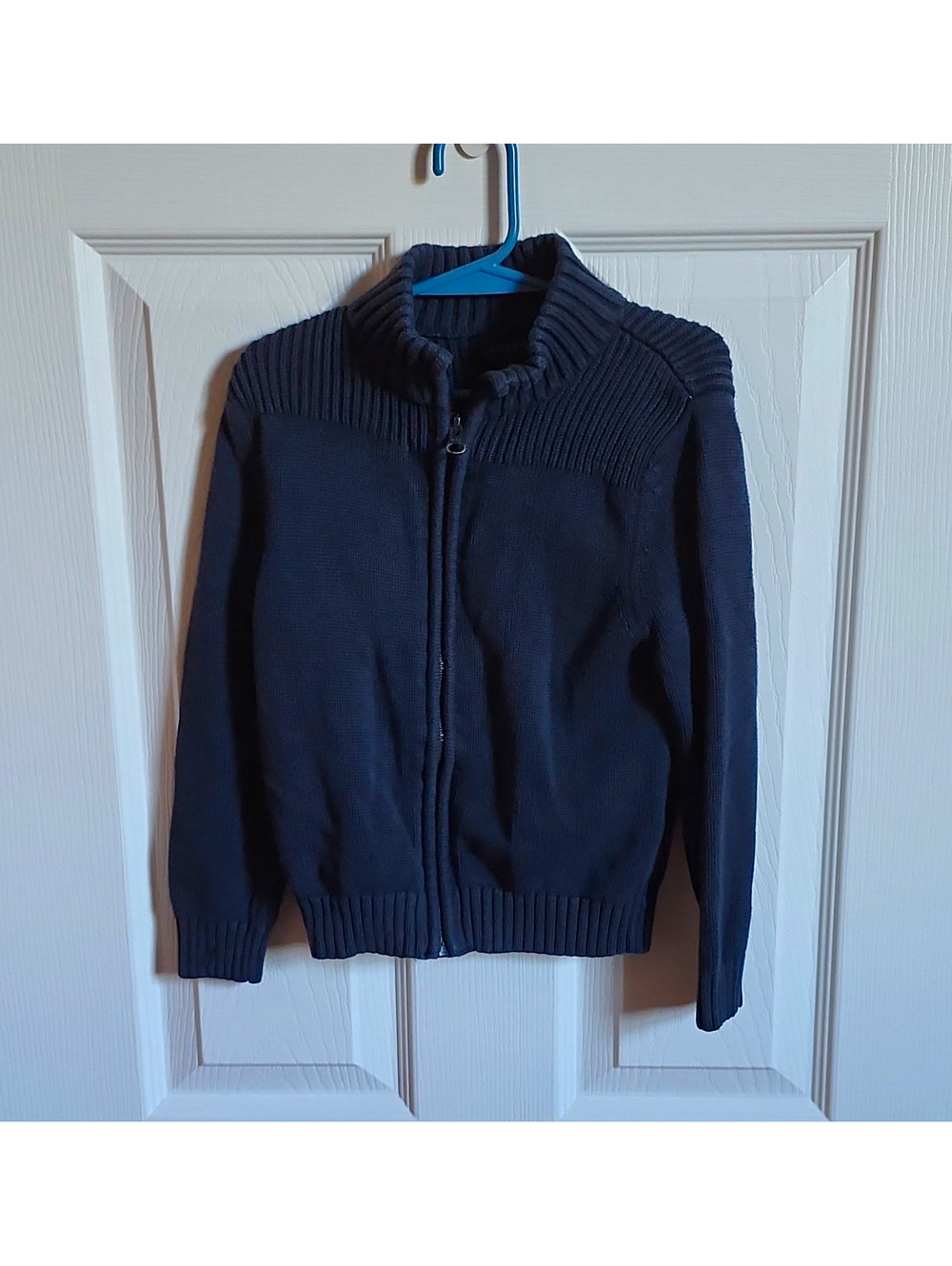 Vintage Lands' End  Blue Cotton Mock Neck Rib-Knit FullZip Sweater Jacket Boys M